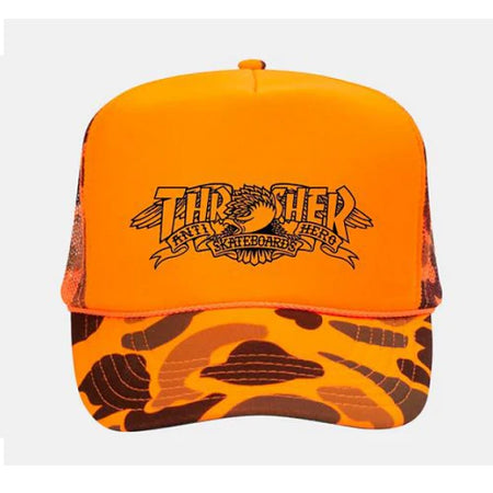 Thrasher x Antihero Mag Banner Trucker Snapback Hat - Orange Camo