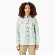 Dickies - Womens Long Sleeve Flannel - Soft Grey/Turquois Plaid