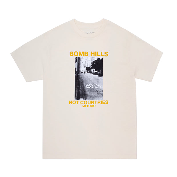 GX1000 - Bomb Hills Not Countries T-Shirt - Off White / Yellow Font - Board Of Missoula