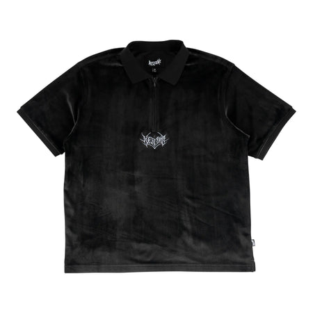 Welcome - Grain Embroidered Velour Zip Polo Shirt - Black