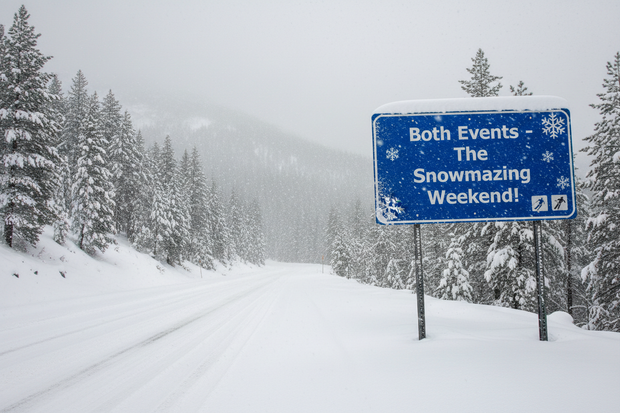 A very snowy mountain road sign that says "Both Events - The Snowmazing Weekend!"