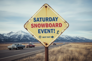 An old 1960's style road sign saying "Saturday Snowboard Event!"