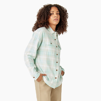 Dickies - Womens Long Sleeve Flannel - Soft Grey/Turquois Plaid