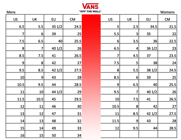 Size chart vans old skool best sale